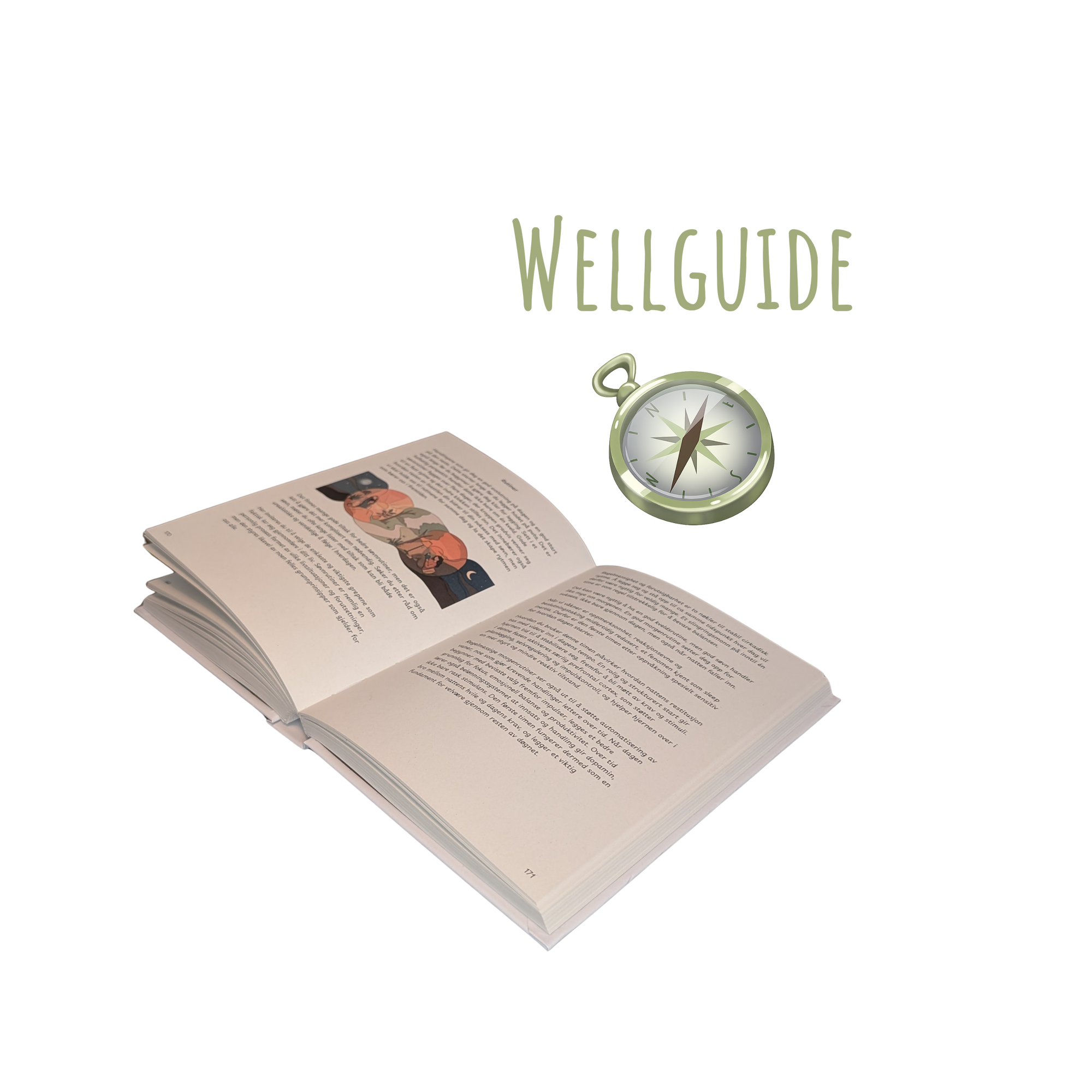 Åpen Wellguide-bok med tekst og bilder samt en kompass ved siden av på gjennomsiktig bakgrunn