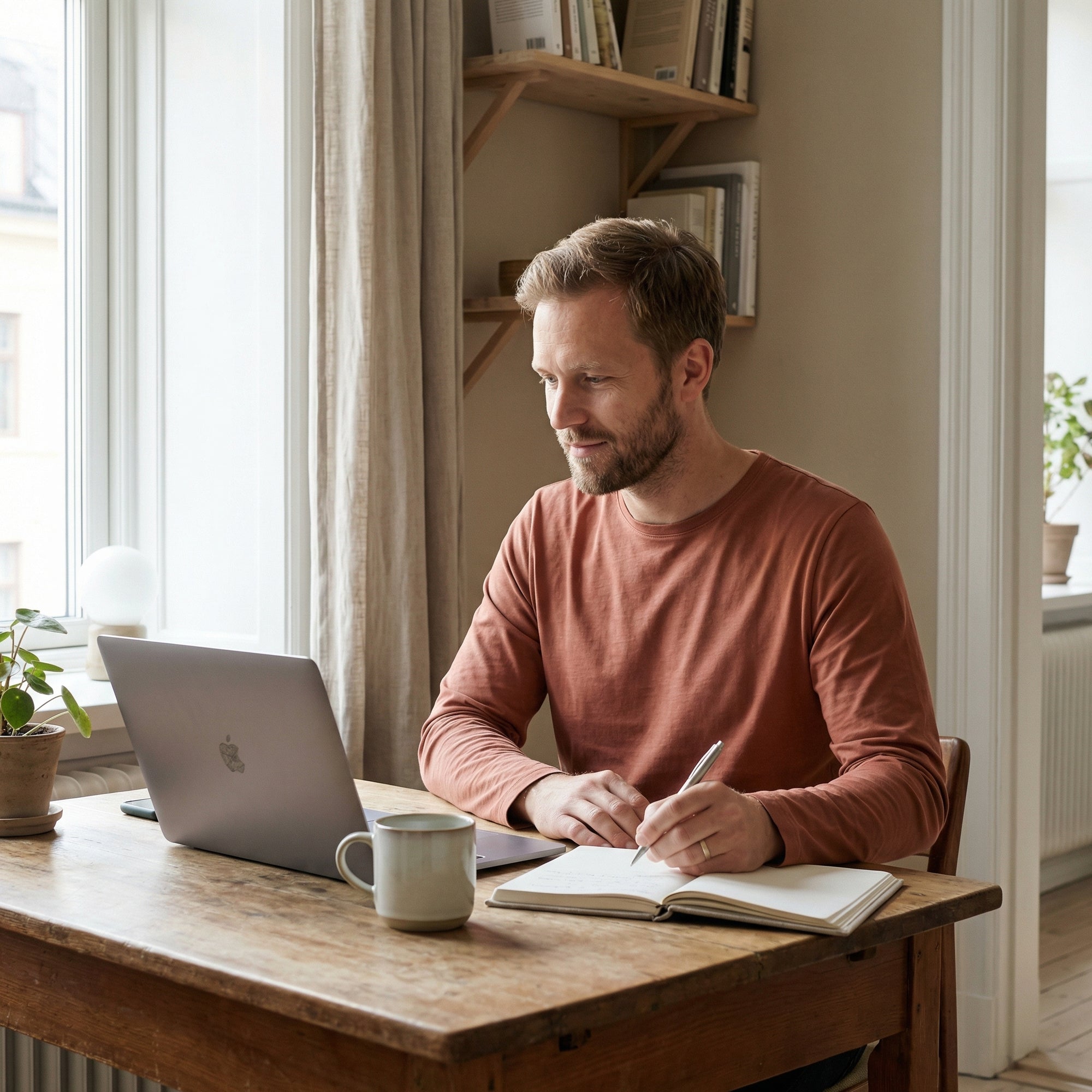 Mann i rustfarget genser sitter ved et trebord med MacBook Pro og skriver i en notatbok ved et stort vindu