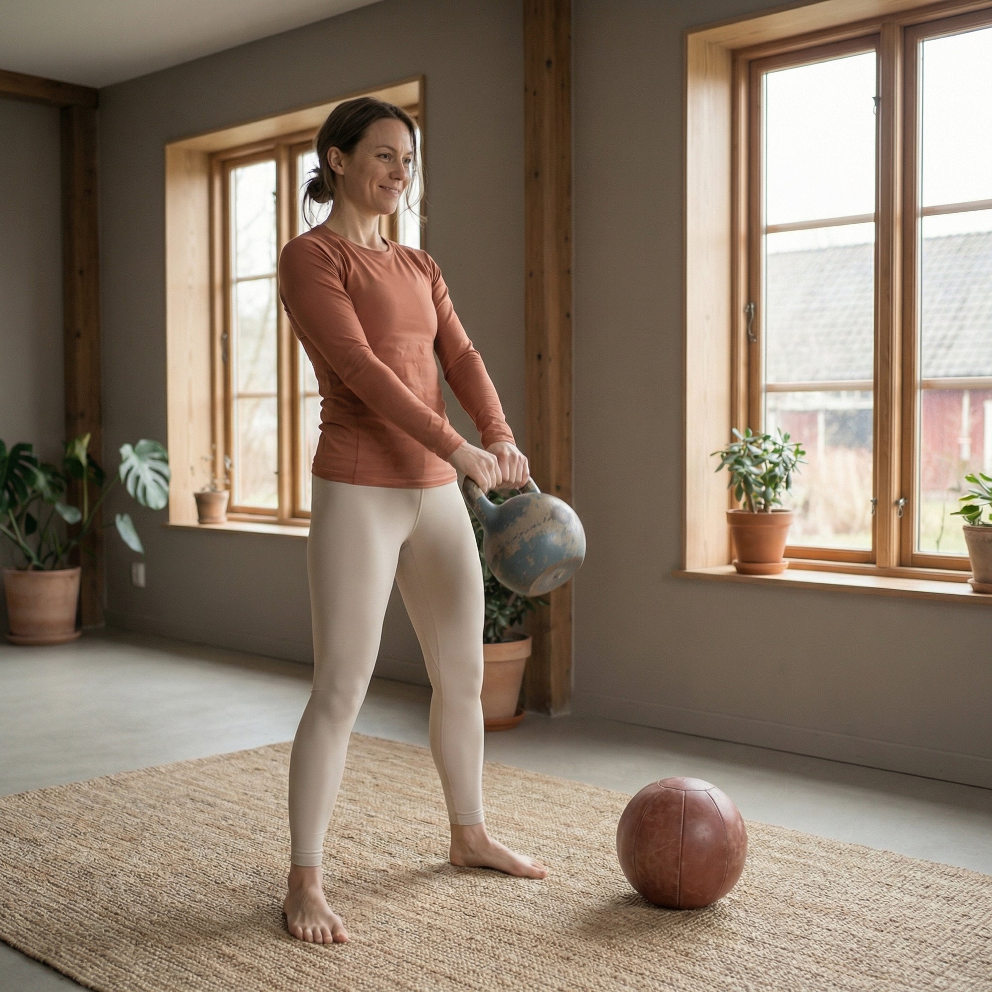 Kvinne i rustfarget genser og beige treningstights løfter en kettlebell på et lyst treningsrom med flere planter og store vinduer