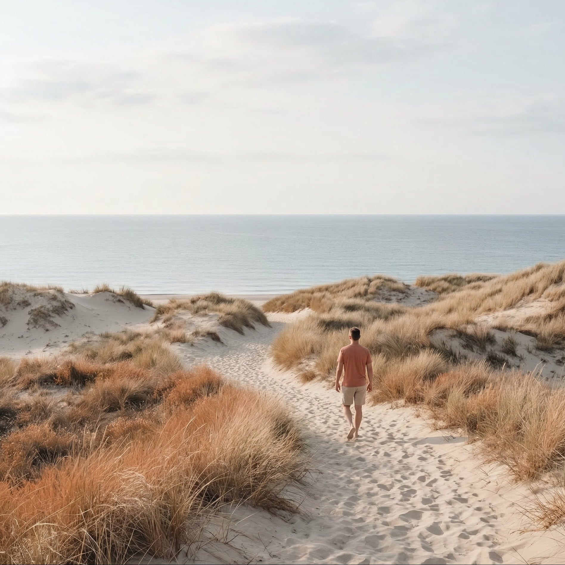 Mann i orange t-skjorte og beige shorts går barfot langs en sandsti mellom gresstuster med havet i horisonten