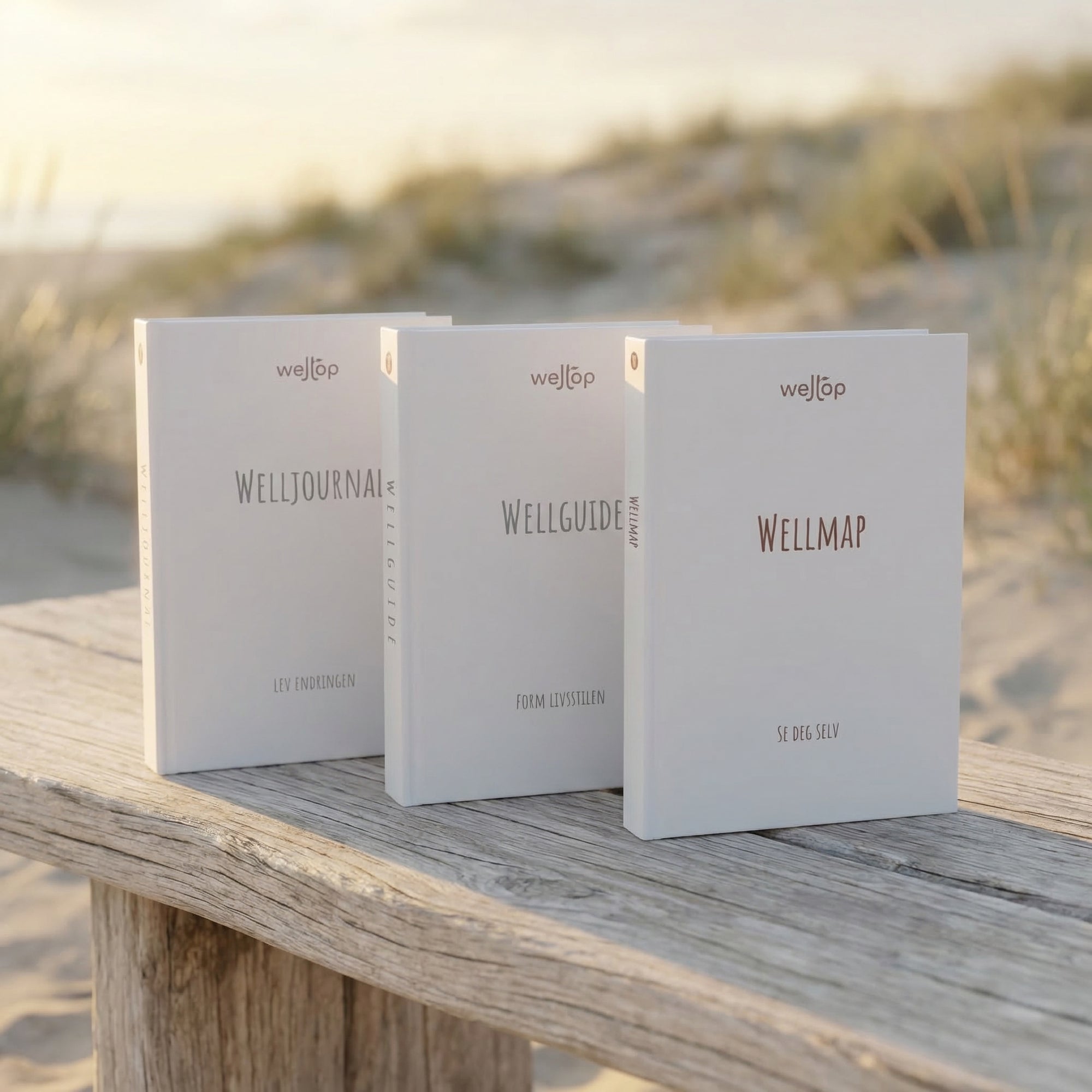 Tre hvite Wellop-bøker med titlene Welljournal, Wellguide og Wellmap stående på en trebenk foran sanddyner
