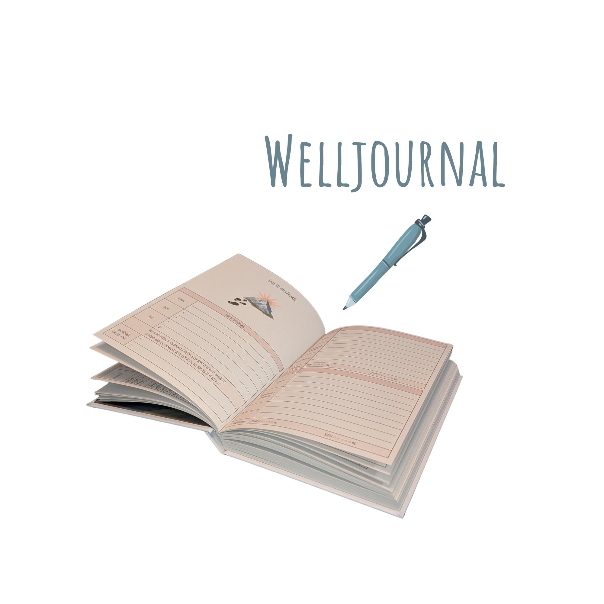Åpen Welljournal med linjerte sider og en blå penn på gjennomsiktig bakgrunn med teksten Welljournal over