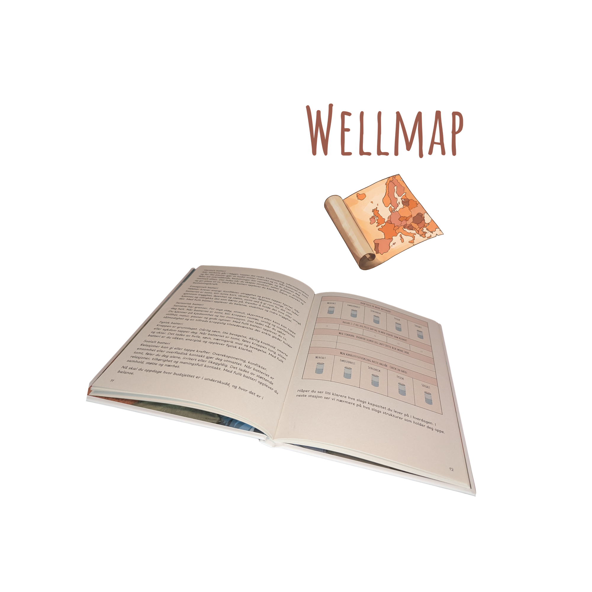 Åpen Wellmap-bok med tekst og tabeller samt et kart på et rullet pergament ved siden av